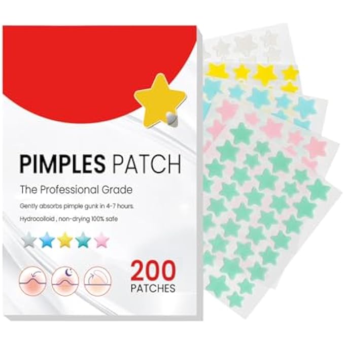 STRBOXONG 200 PCS ACNE PIMPLE PATCHES,HYDROCOLLOID ACNE PATCH,PIMPLE PATCHES FOR FACE,COLORFUL STAR PIMPLE SPOT STICKER WITH HYALURONIC ACID,FOR COVERING ZITS AND BLEMISHES - Image 1